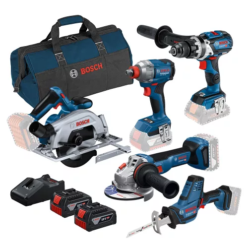 Bosch akkus erőcsomag GDX 18V-285+GWS 18V-11+GSB 18V-110C+GKS 185-LI+GSA 18V-LI C+2x5ah táskában