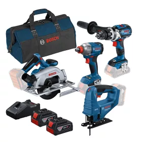   Bosch faipari akkus erőcsomag GDX 18V-285+GSB 18V-110 C+GKS 185-LI+GST 183-LI+2x5ah akku táskában