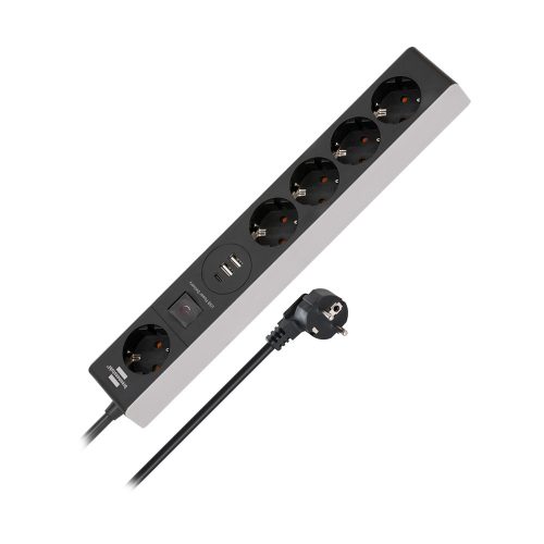 Brennenstuhl 5-szeres Power Delivery elosztó 5 dugalj, 2 USB és 1 C csat., fekete/szürke, 1,5m