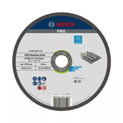 Bosch PRO egyenes vágókorong, 180x3x22,23 mm , inoxhoz