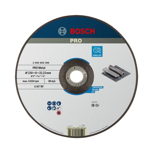 Bosch PRO hajlított csiszolótárcsa, nagyolótárcsa 230x8x22,23 mm, fémhez