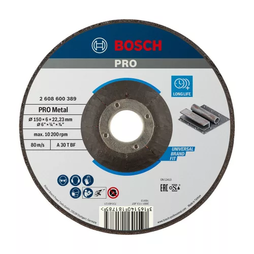 Bosch PRO hajlított csiszolótárcsa, nagyolótárcsa 150x6x22,23 mm, fémhez