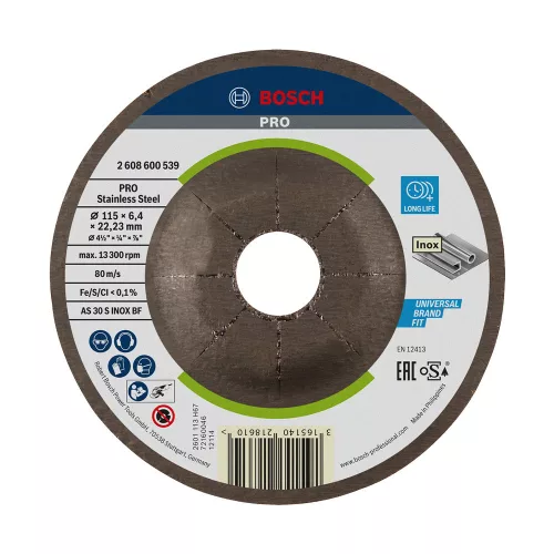 Bosch PRO hajlított csiszolótárcsa, nagyolótárcsa 115x6x22,23 mm, inoxhoz