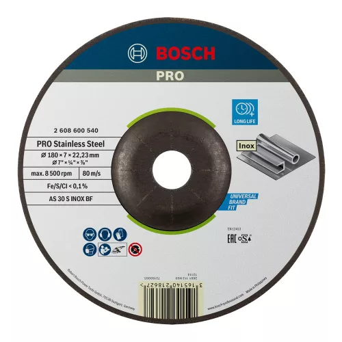 Bosch PRO hajlított csiszolótárcsa, nagyolótárcsa 180x6x22,23 mm, inoxhoz