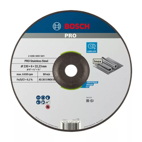 Bosch PRO hajlított csiszolótárcsa, nagyolótárcsa 230x6x22,23 mm, inoxhoz