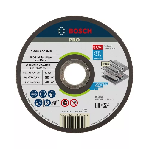 Bosch PRO egyenes vágókorong, 115x1x22,23 mm, inoxhoz, fémhez