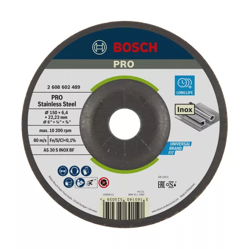 Bosch PRO hajlított csiszolótárcsa, nagyolótárcsa 150x6x22,23 mm, inoxhoz