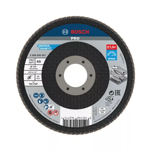 Bosch PRO X571 legyezőtárcsa, 115 mm, G60, inoxhoz, fémhez