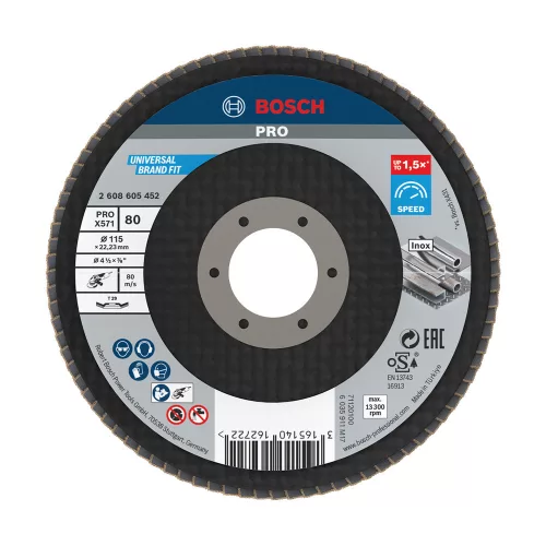 Bosch PRO X571 legyezőtárcsa, 115 mm, G80, inoxhoz, fémhez
