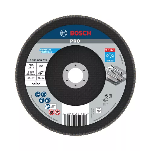 Bosch PRO X571 legyezőtárcsa, 180 mm, G80, inoxhoz, fémhez