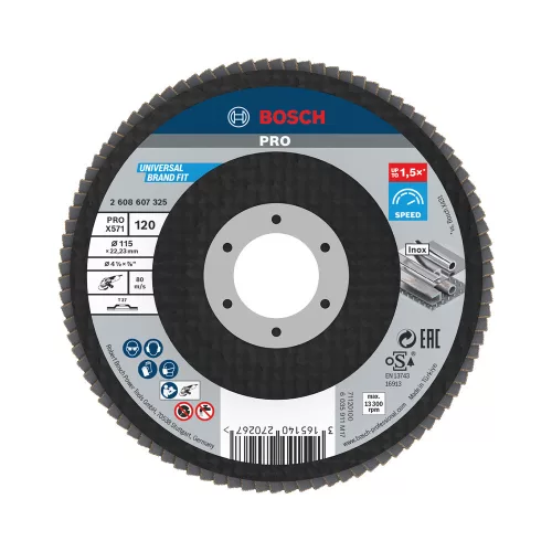 Bosch PRO X571 legyezőtárcsa, 115 mm, G120, inoxhoz, fémhez