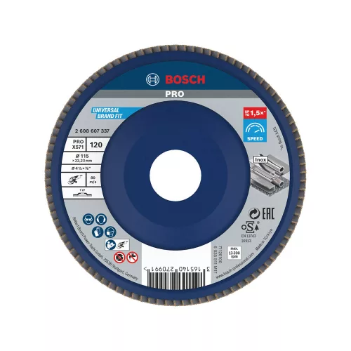 Bosch PRO X571 legyezőtárcsa, 115 mm, G120, inoxhoz, fémhez