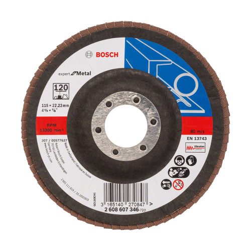 Bosch EXPERT X551 legyezőtárcsa fémhez, kúpos, üvegszövet alátéttányér, Zirkon 115mm, P120