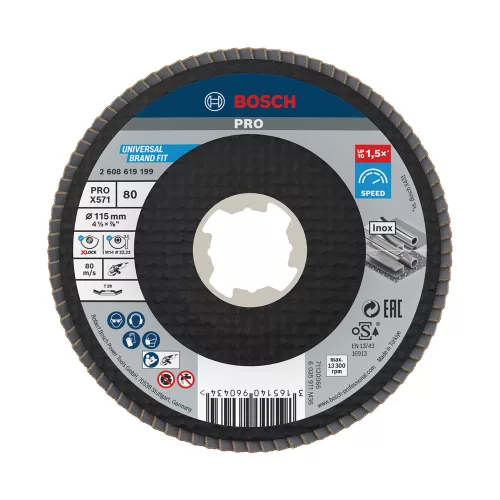 Bosch PRO X571 X-LOCK, M14 legyezőtárcsa, 115 mm, G80, fémhez, inoxhoz