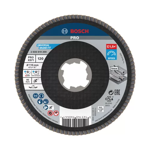 Bosch PRO X571 X-LOCK, M14 legyezőtárcsa, 115 mm, G120, fémhez, inoxhoz