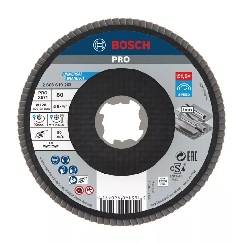 Bosch PRO X571 X-LOCK, M14 legyezőtárcsa, 125 mm, G80, fémhez, inoxhoz