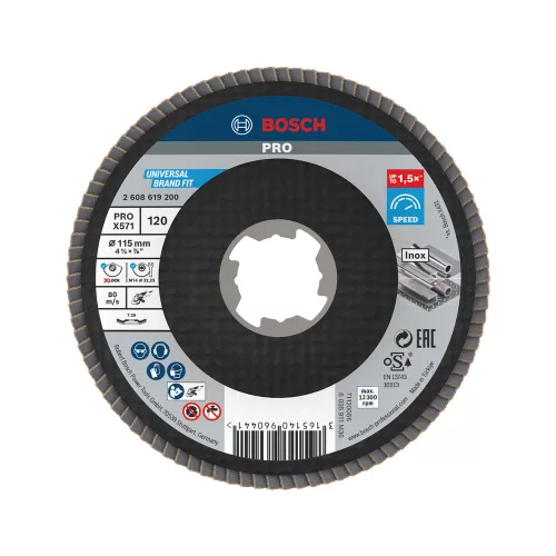 Bosch PRO X571 X-LOCK, M14 legyezőtárcsa, 115 mm, G120, fémhez, inoxhoz