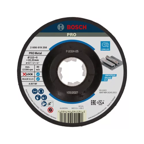 Bosch PRO Metal X-LOCK, M14 hajlított csiszolótárcsa, nagyolótárcsa 115x6x22,23 mm, fémhez