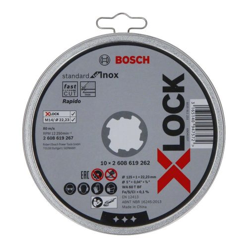 Bosch PRO X-LOCK, M14 vágókorong készlet fémdobozban, 125x1x22,23 mm, fémhez, inoxhoz 10 db