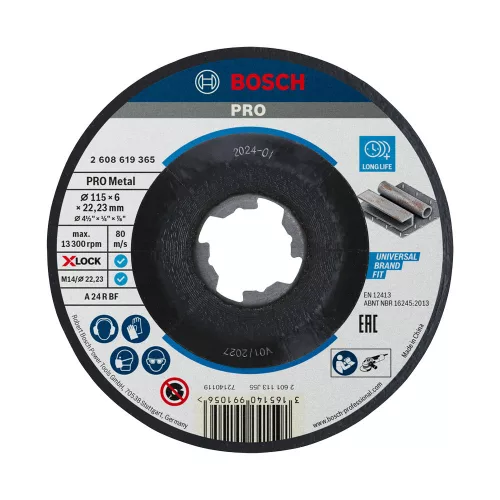 Bosch PRO Metal X-LOCK, M14 hajlított csiszolótárcsa, nagyolótárcsa 115x6x22,23 mm, fémhez