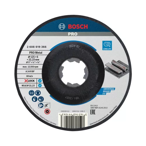 Bosch PRO Metal X-LOCK, M14 hajlított csiszolótárcsa, nagyolótárcsa 125x6x22,23 mm, fémhez