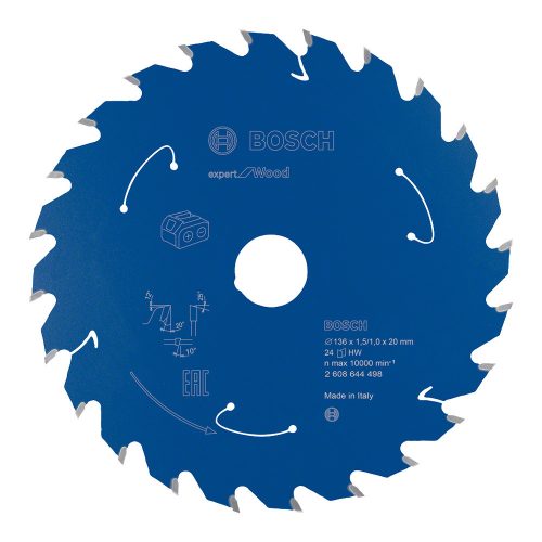 Bosch EXPERT Wood körfűrészlap akkumulátoros körfűrészekhez 136x1,5/1,2 20 mm, T24 fog, fához