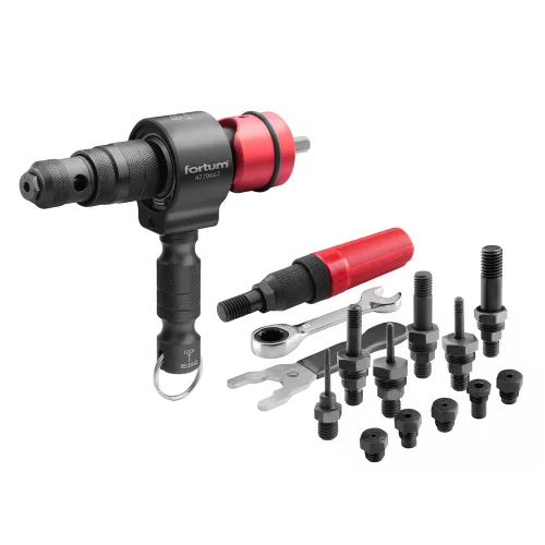 FORTUM Popszegecs- és szegecsanyahúzó adapter készlet fúrógéphez (2,4-6,4 / M3-M12)