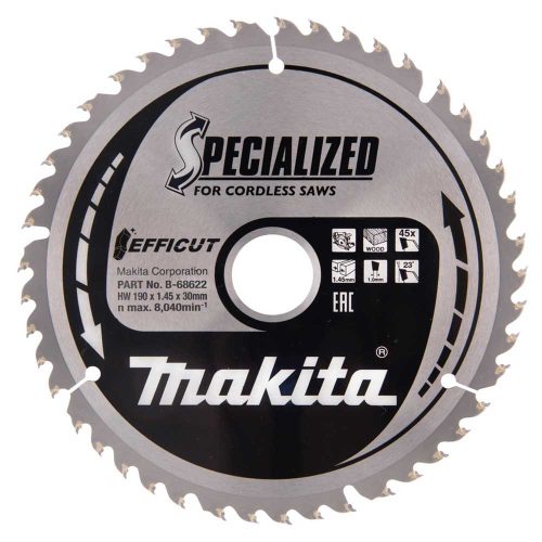 Makita EFFICUT körfűrészlap akkus géppel, fához 190x30x1,45mm 45 fog