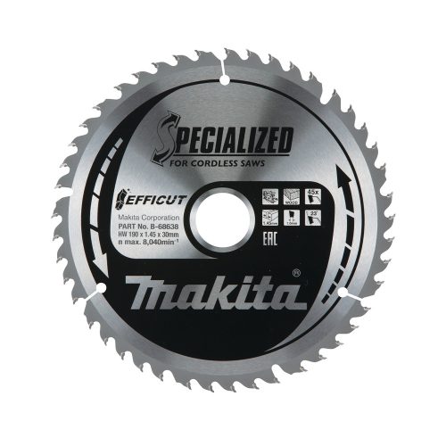 Makita EFFICUT körfűrészlap akkus géppel, fához 190x30x1,45mm 45 fog